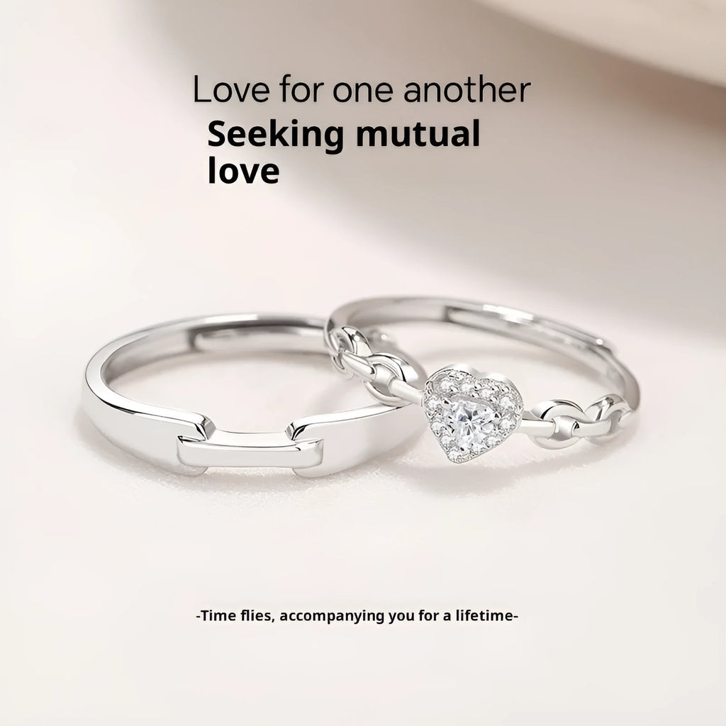 925 silver couple ring with diamond detail and adjustable opening, geometric shape with heart and chain motifs