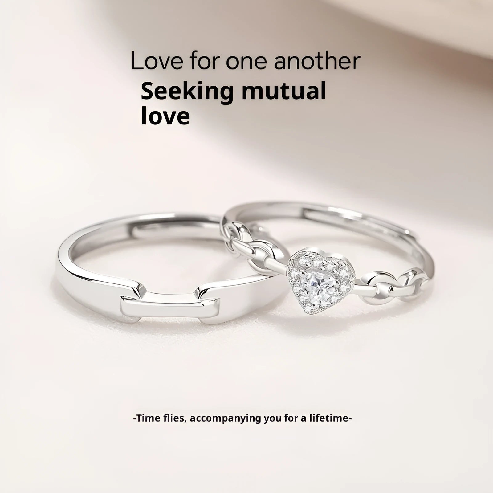 925 silver couple ring with diamond detail and adjustable opening, geometric shape with heart and chain motifs