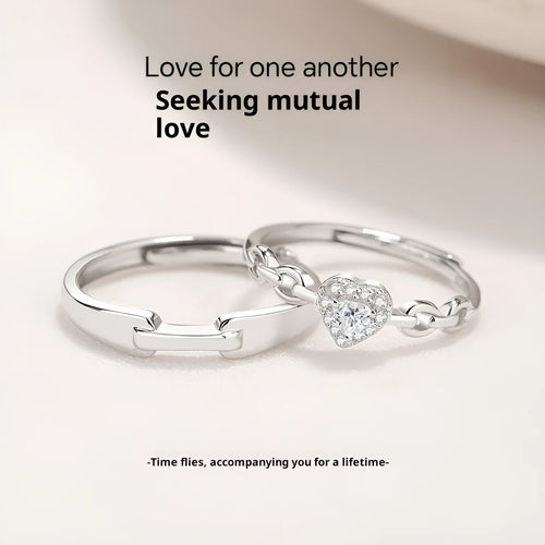 925 silver couple ring with diamond detail and adjustable opening, geometric shape with heart and chain motifs