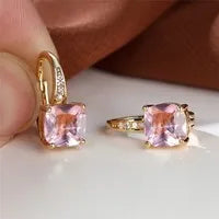 Square geometric ear hooks with round zircon inlays in gold, platinum, or rose gold finish