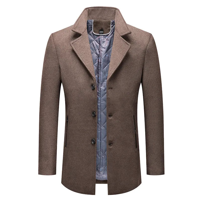 Men's loose wool coat with cotton padding, zipper pocket, solid grey burgundy or camel colour, sizes M to XXXXL