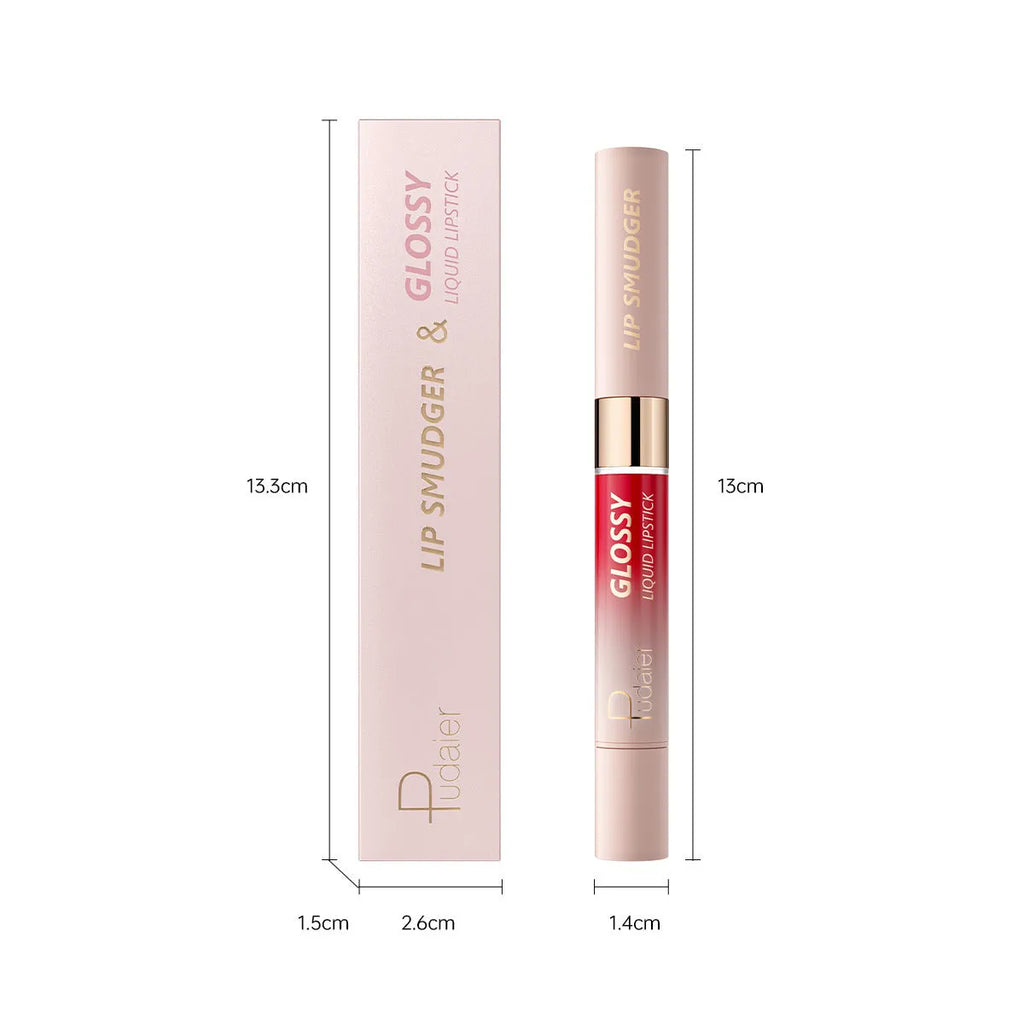 Double-headed lipstick lip gloss with matte finish showing 10 colour options