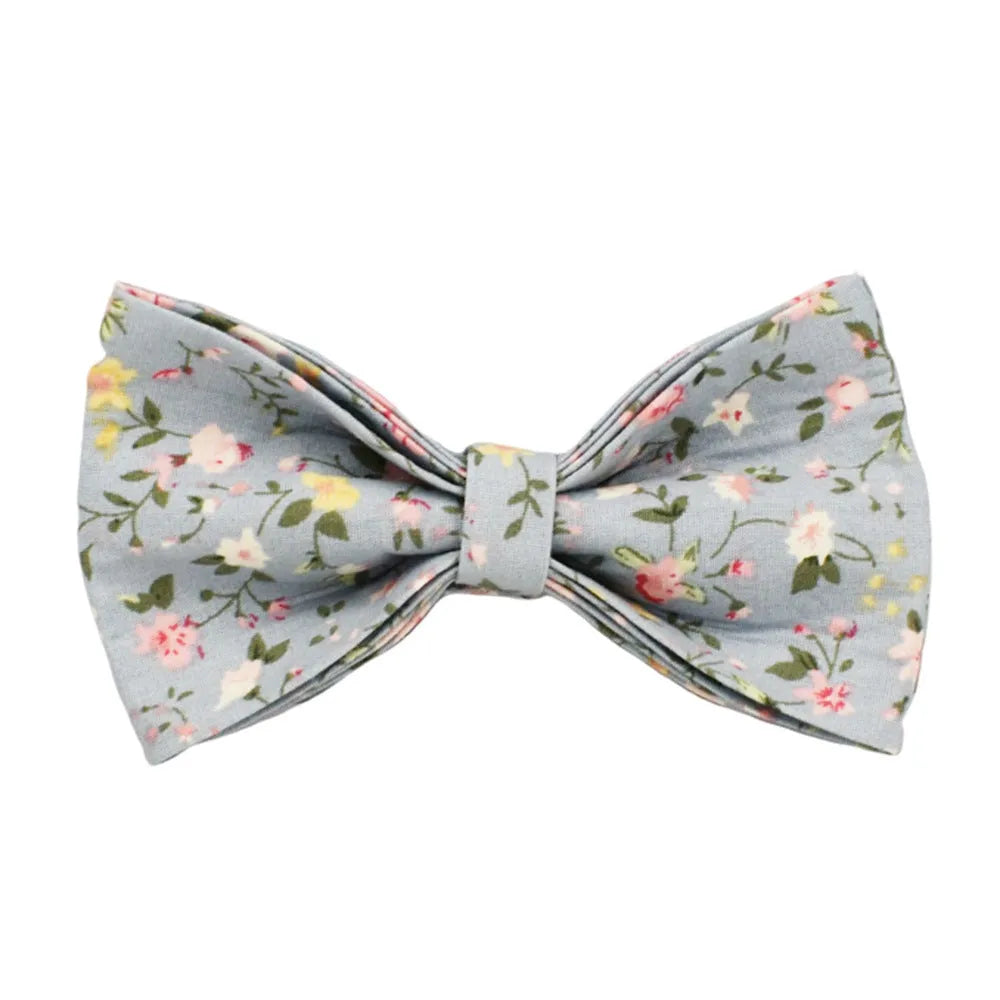 Blue floral pattern polyester cotton dog collar with decorative bow attachment and accessory set options