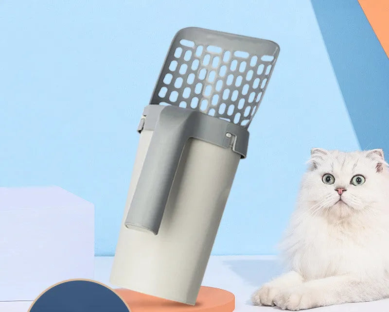Grey PP cat litter shovel set with integrated storage box, filtering scoop, and 20x12x29cm size.