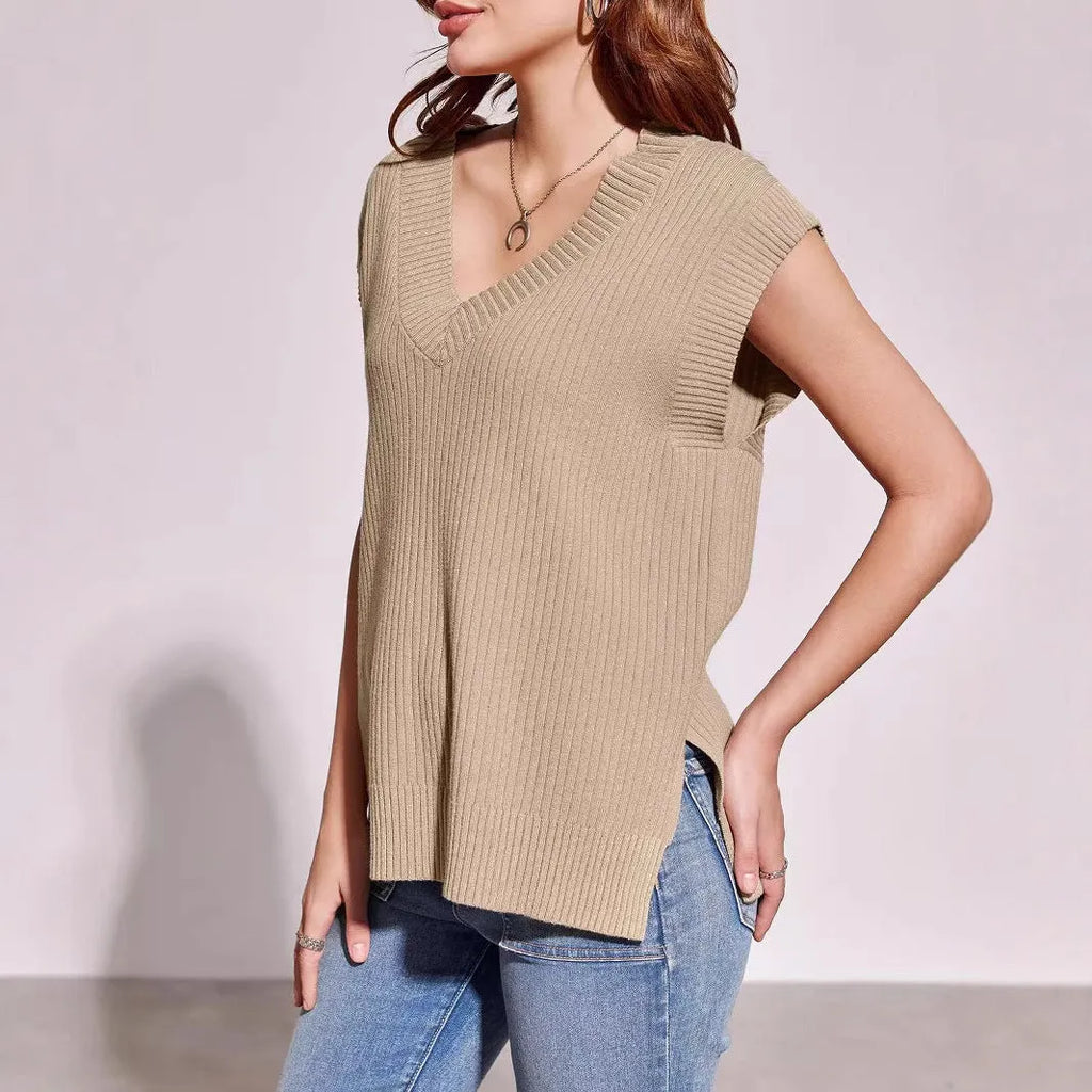 Women's camel coloured V-neck sleeveless vest with loose fit and fold detailing