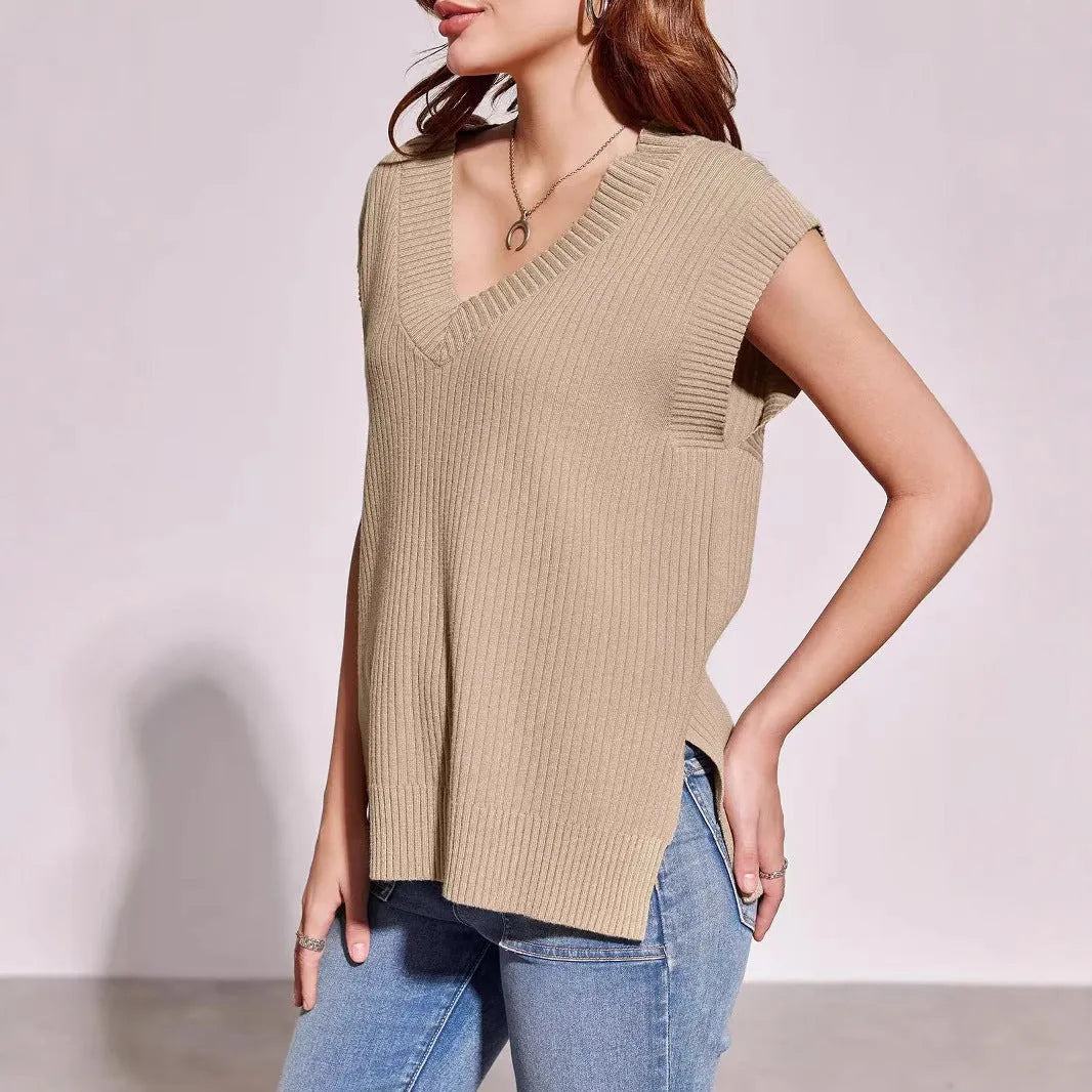 Women's camel coloured V-neck sleeveless vest with loose fit and fold detailing