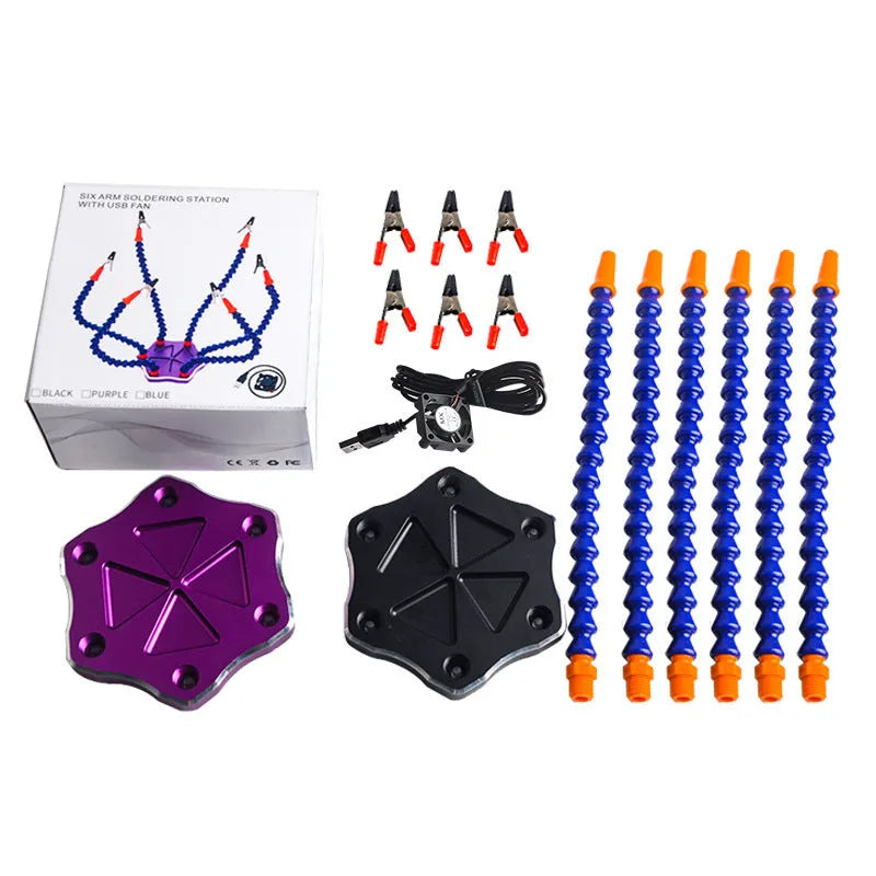 Black or purple aluminium alloy six-claw welding station with seven auxiliary arms for model soldering.