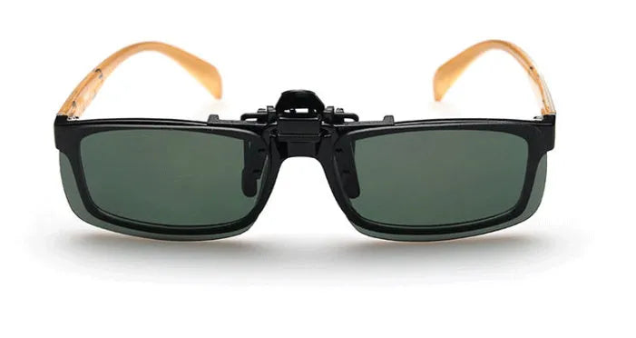 PC clip-on sunglasses accessory for prescription glasses in large or small size with gray, green, or night vision lens.