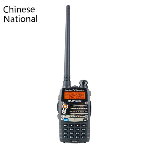 Baofeng UV-5RA dual-band walkie talkie with dual display screen showing two channel frequencies