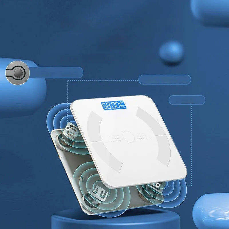 Smart Bluetooth body fat scale in white colour showing digital display with health metrics