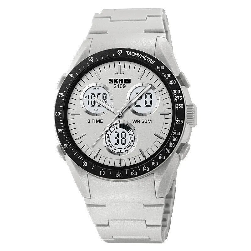 Casual digital watch with camouflage pattern strap and resin lens, showing stainless steel buttons on a wrist.