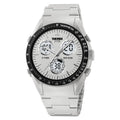 Casual digital watch with camouflage pattern strap and resin lens, showing stainless steel buttons on a wrist.