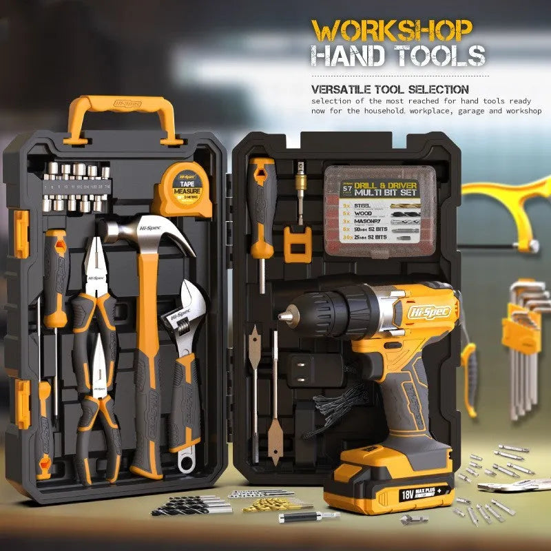 82-piece grey-yellow tool set for furniture installation with chrome-vanadium steel tools in storage case