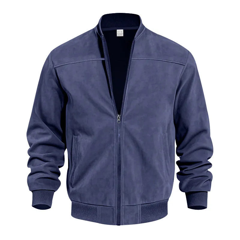 Men's plus-size suede-effect zip jacket in army green on a hanger.