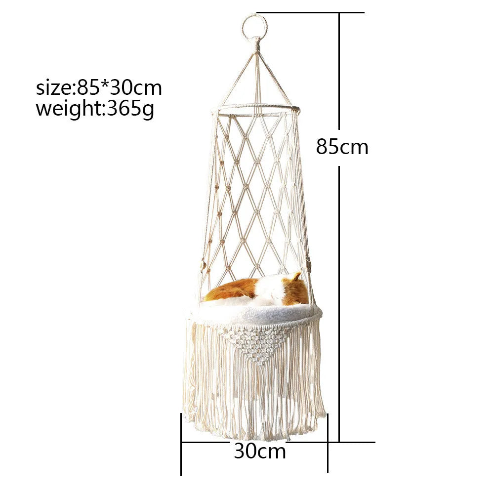 Macrame hanging pet bed in natural colour for cats, woven cotton hammock with 25x30x45 cm dimensions