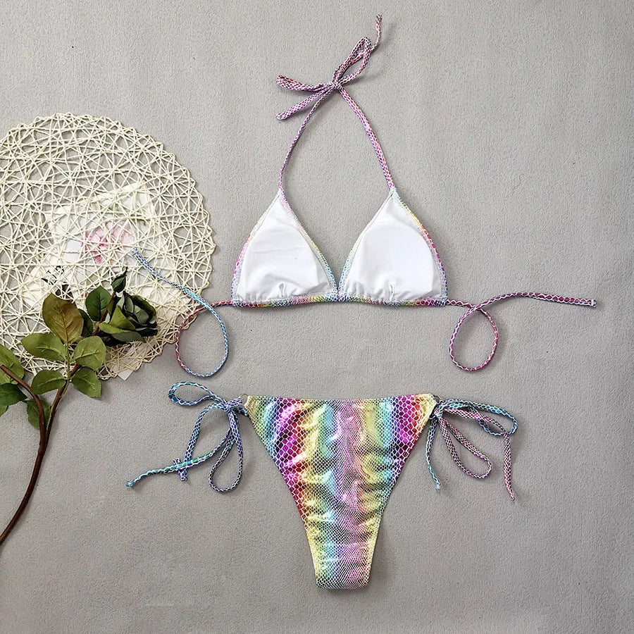 Gradient snakeskin print bikini set with triangle top and banded briefs in bronzing fabric, sizes S M L.