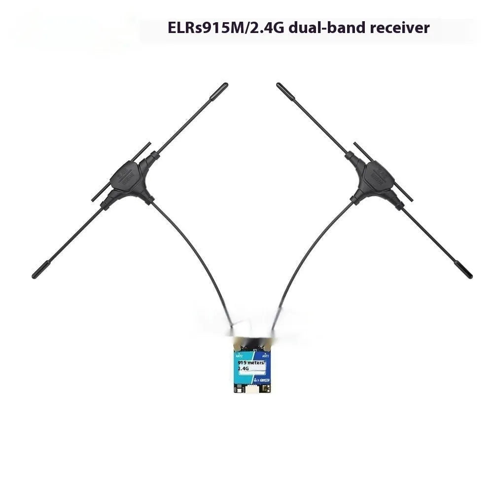 GEPRC GAP F7 Dual-frequency ELRS receiver unit with two T-shaped antennas and installation accessories.