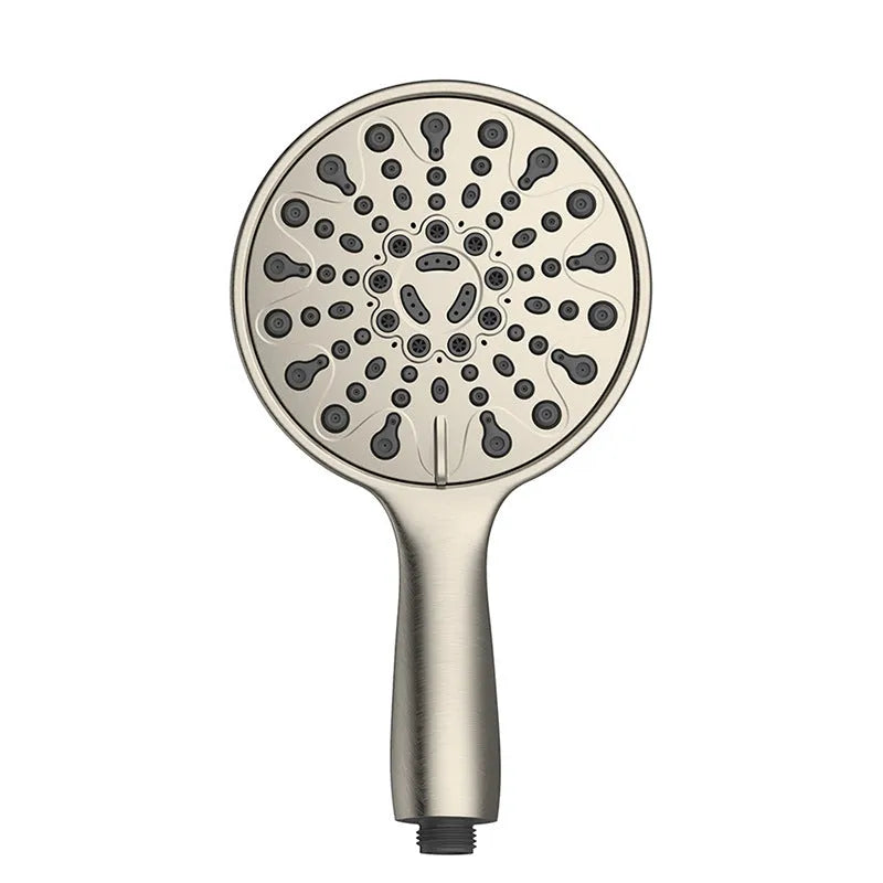 Six-function handheld shower head with electroplated finish and 6-inch diameter.