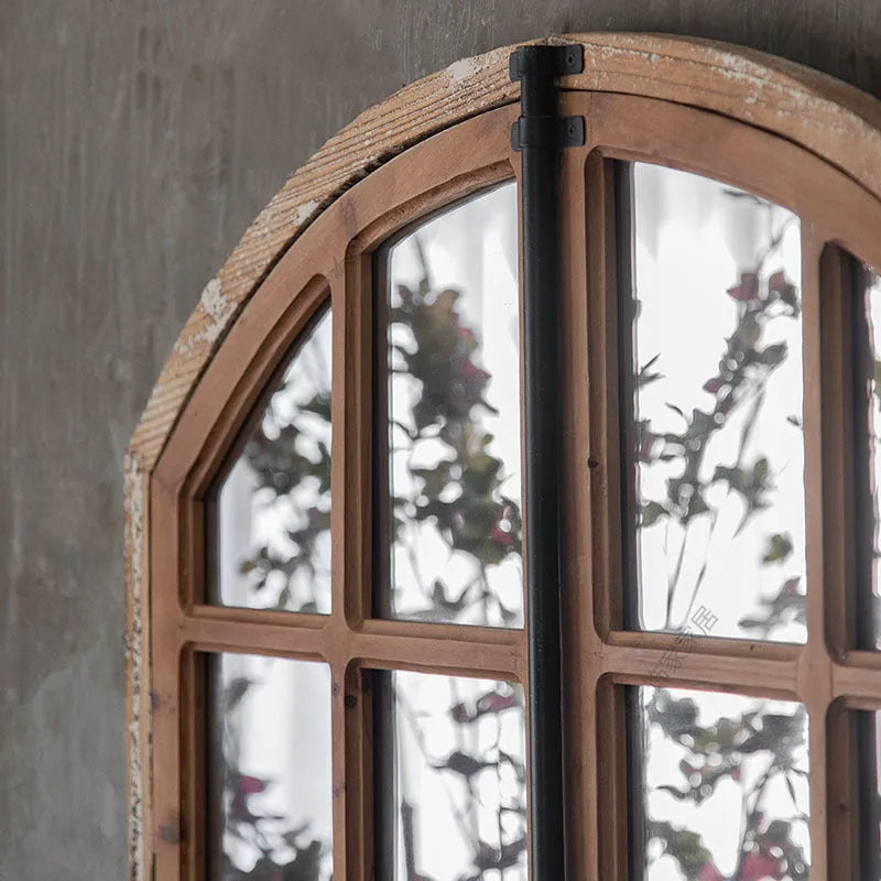 Terrace distressed fake window wall mirror with log colour wooden glass frame and clear mirror panel