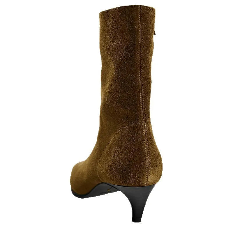 Brown square toe ankle boot with a side zip and a waterproof platform kitten heel.