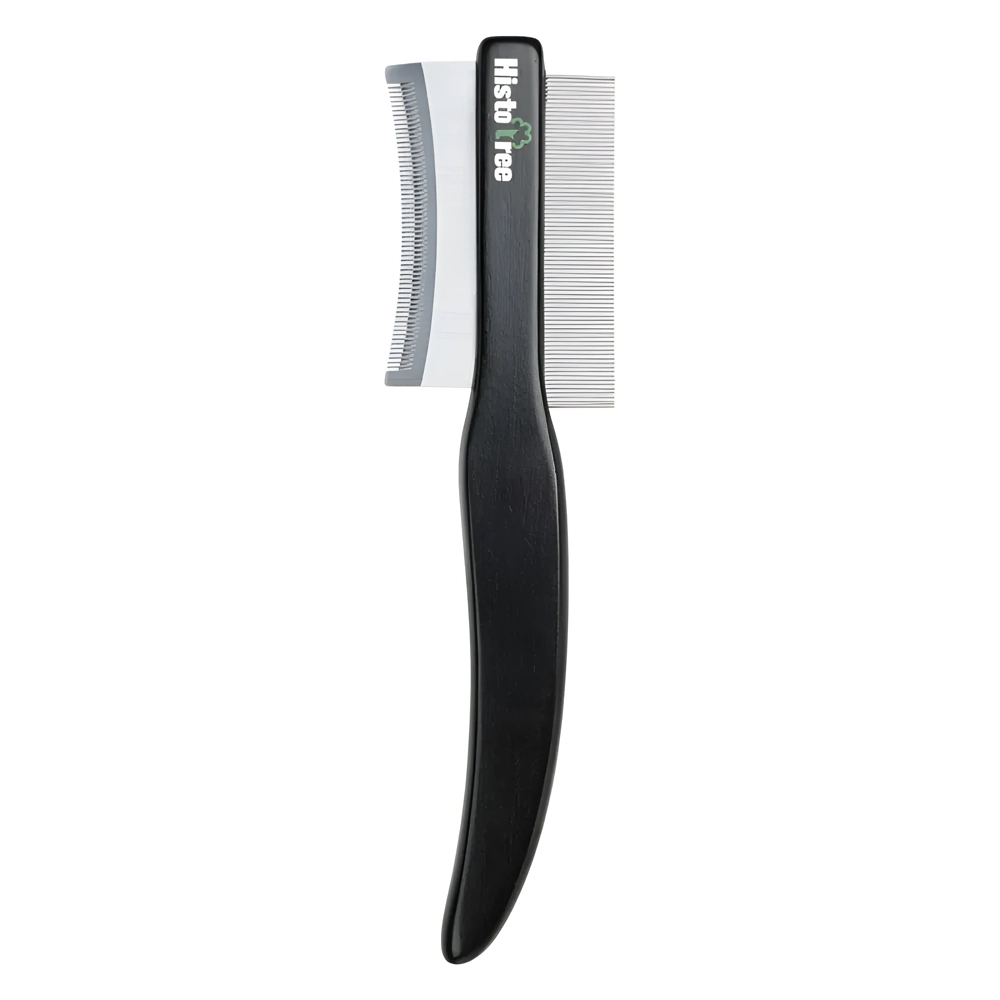 Black double-sided pet grooming comb with wood handle and stainless steel teeth