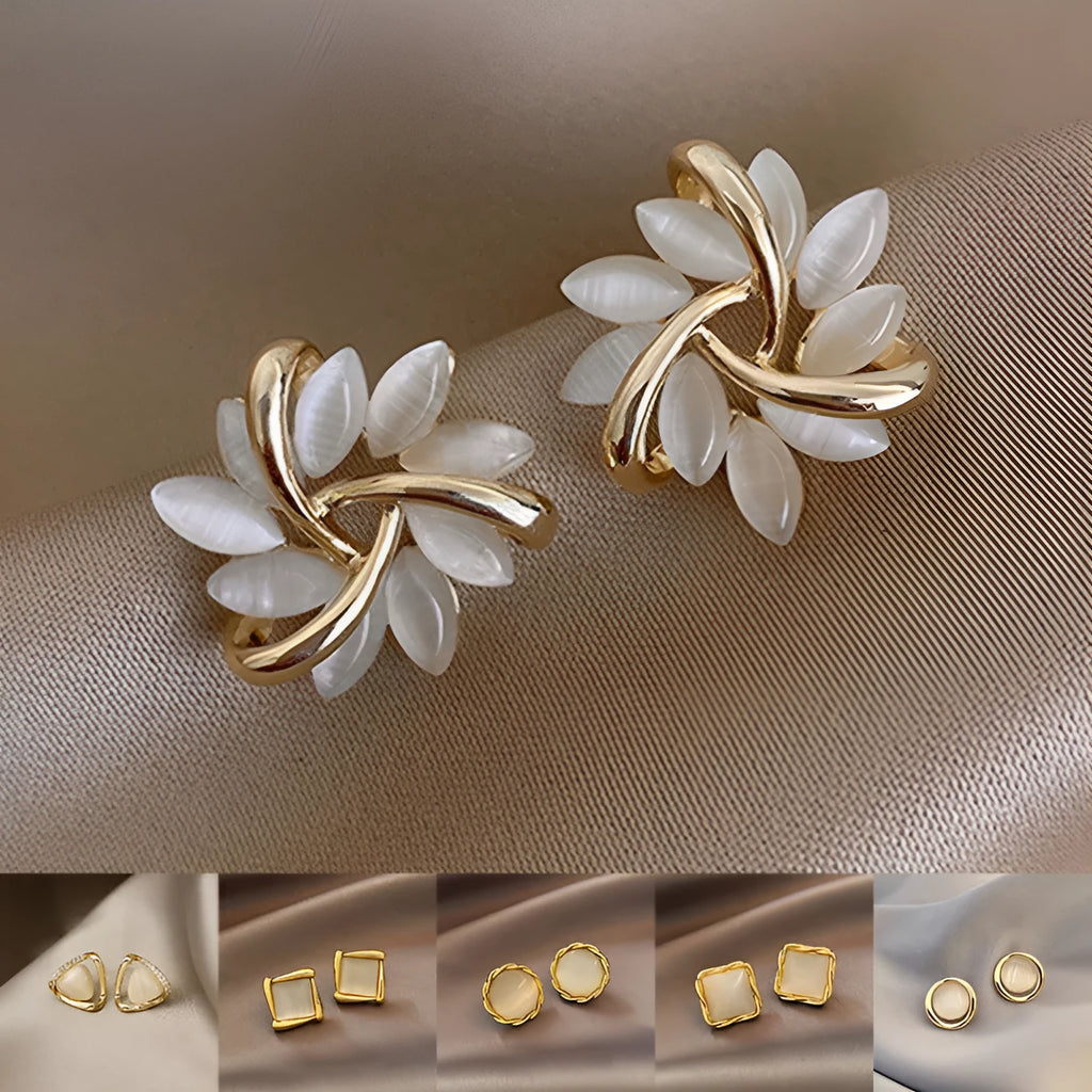 Silver cat's eye opal square triangle geometry stud earrings for children