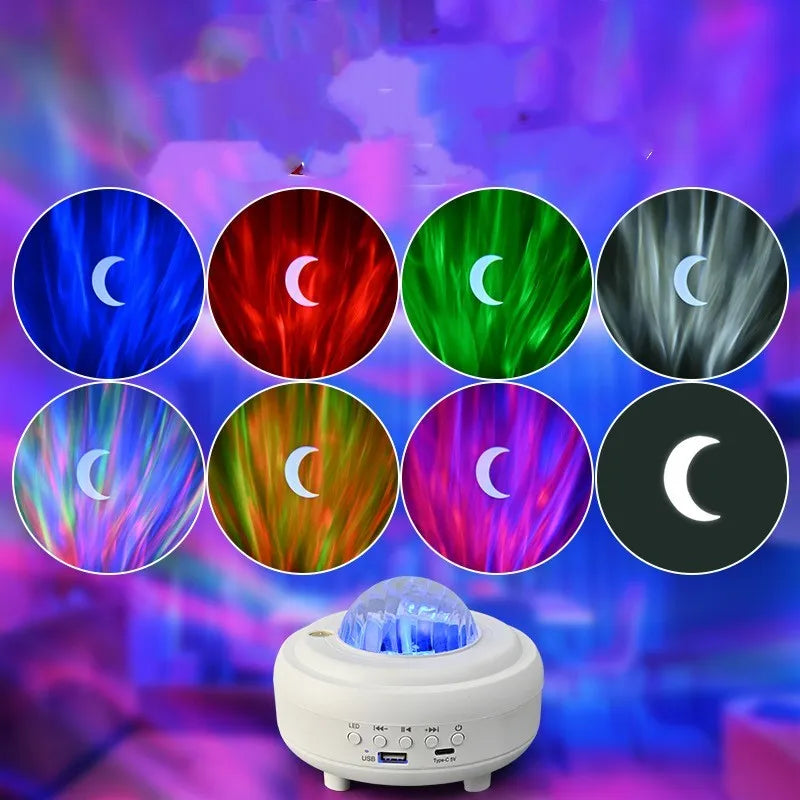 White and black galaxy star projector night light with Bluetooth speaker on a surface.