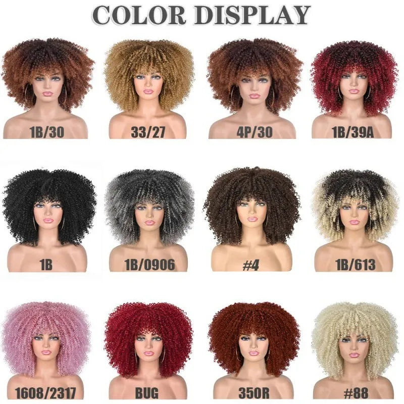 African small curly hair afro wig headgear in high temperature silk with bangs, available in multiple colours
