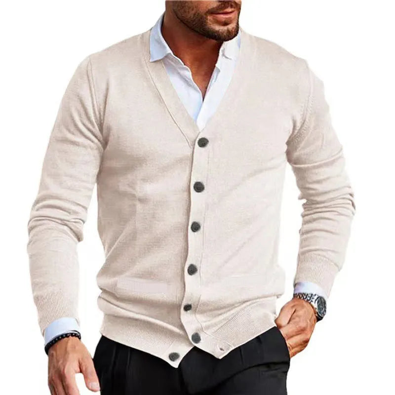 Men's slim fit acrylic cardigan sweater coat shown in creamy-white colour on a hanger.
