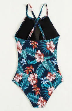 Women's deep V neck one-piece swimsuit on a hanger, showing solid colour or gradient print.
