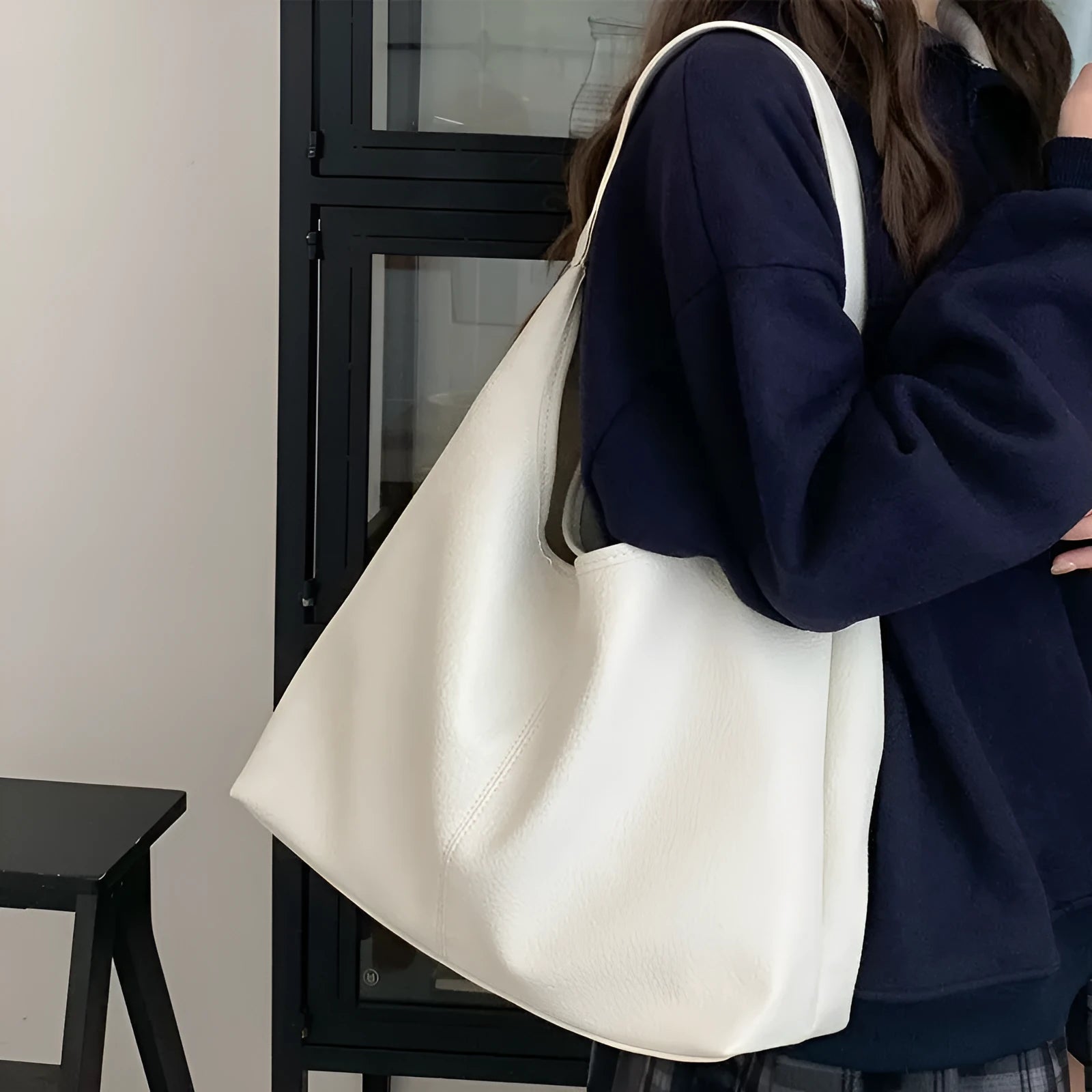 PU leather casual armpit bag for women, high capacity tote in black solid colour