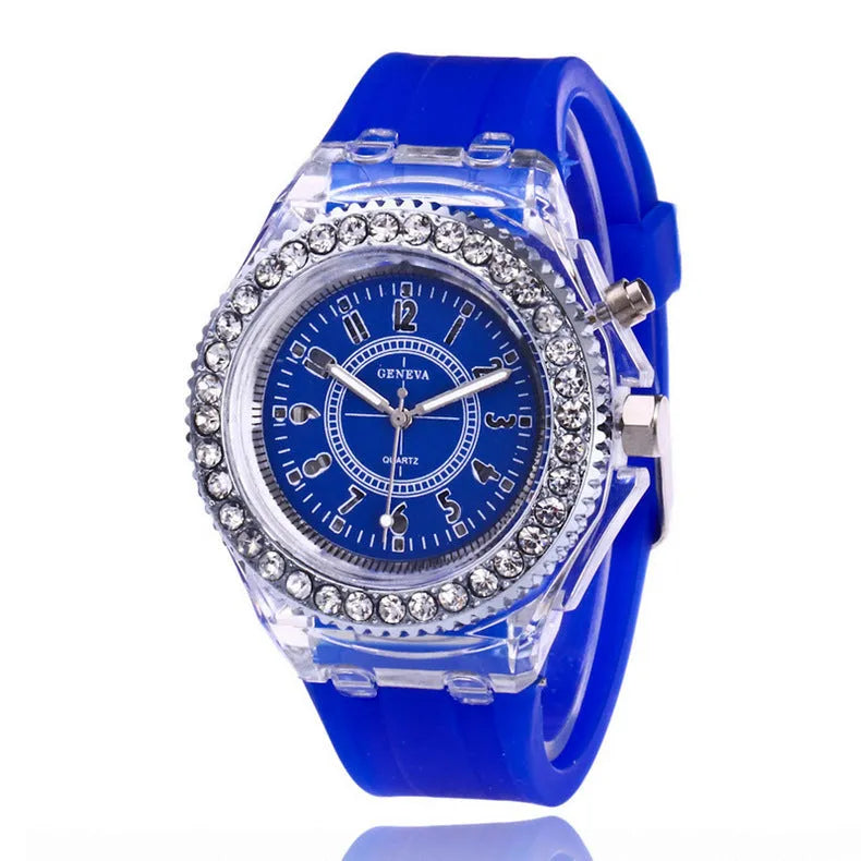 Geneva women’s LED luminous quartz watch with silicone strap, 43mm round alloy case, and pin buckle