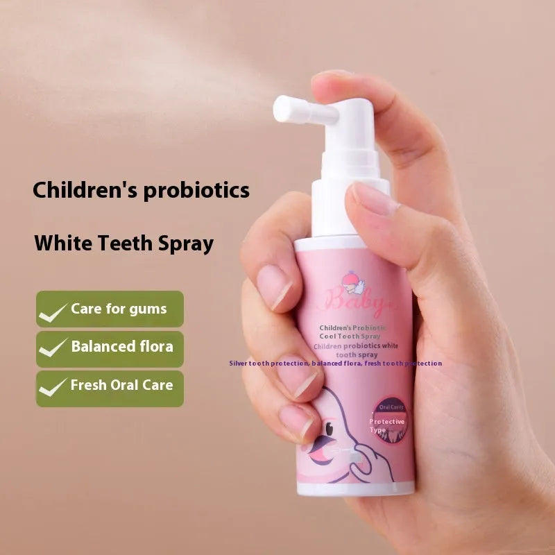 Children's probiotic oral spray bottle in strawberry and orange flavours for teeth cleaning