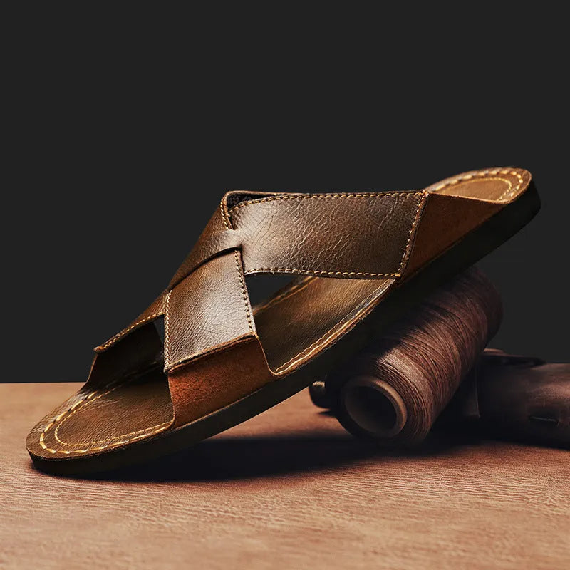 Men's black casual leather slip-on sandals with frosted pigskin upper and sewn rubber sole.