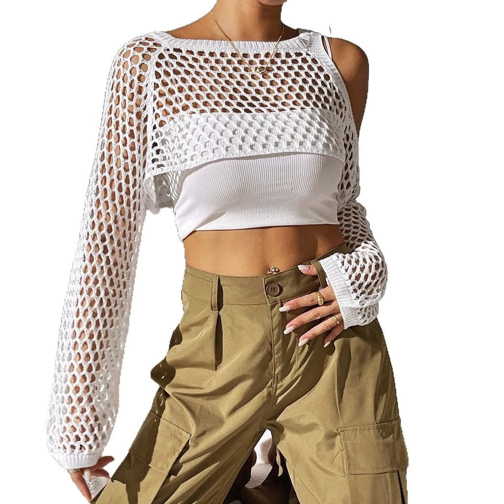 Imitation cotton mesh shirt with a hollowed navel design in a free size, shown in a selected colour.