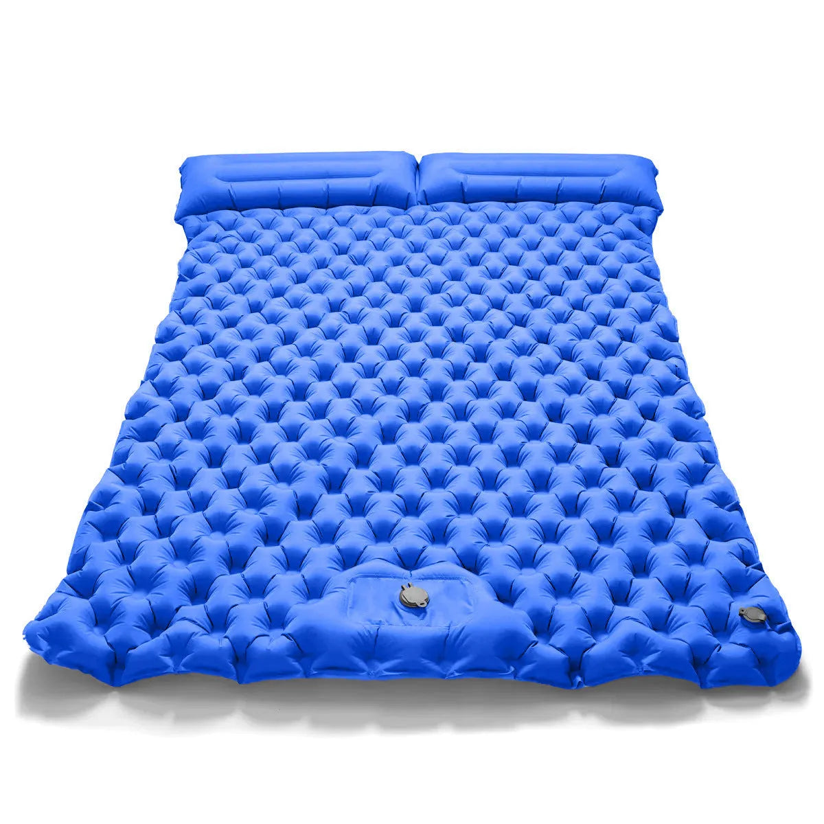 Dark blue double air mattress with built-in pump inflated on a floor, showing integrated pillow.