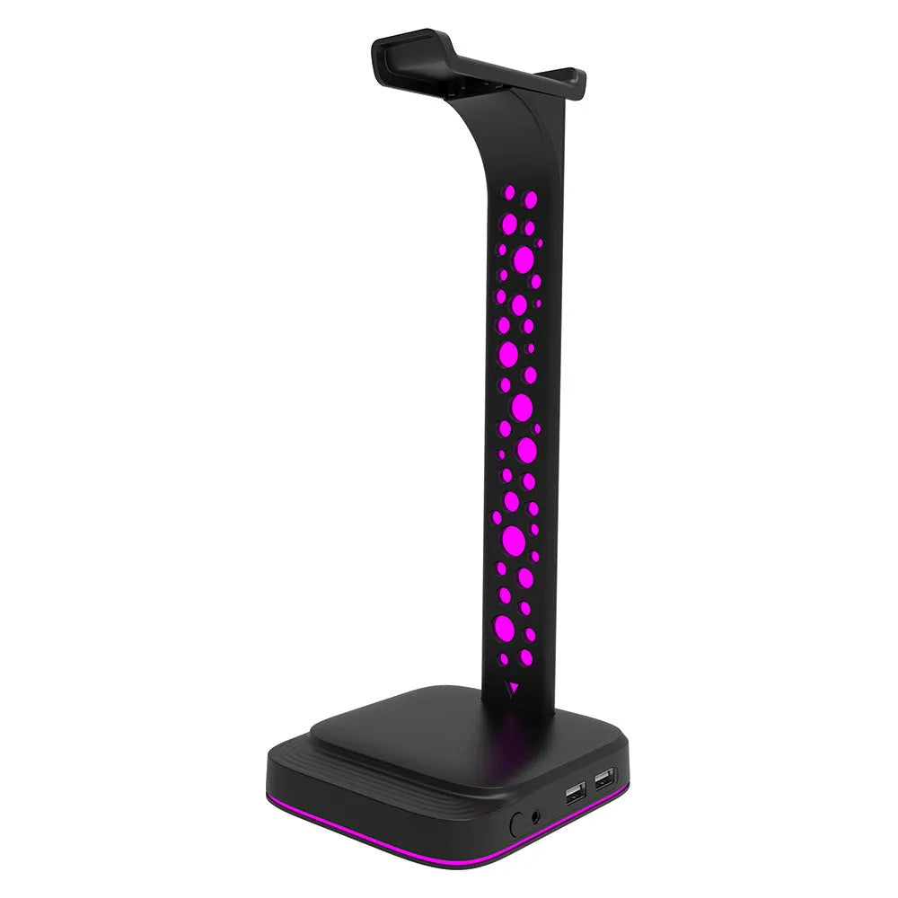 RGB headphone bracket with dual USB ports and colour changing LEDs in acrylic black finish