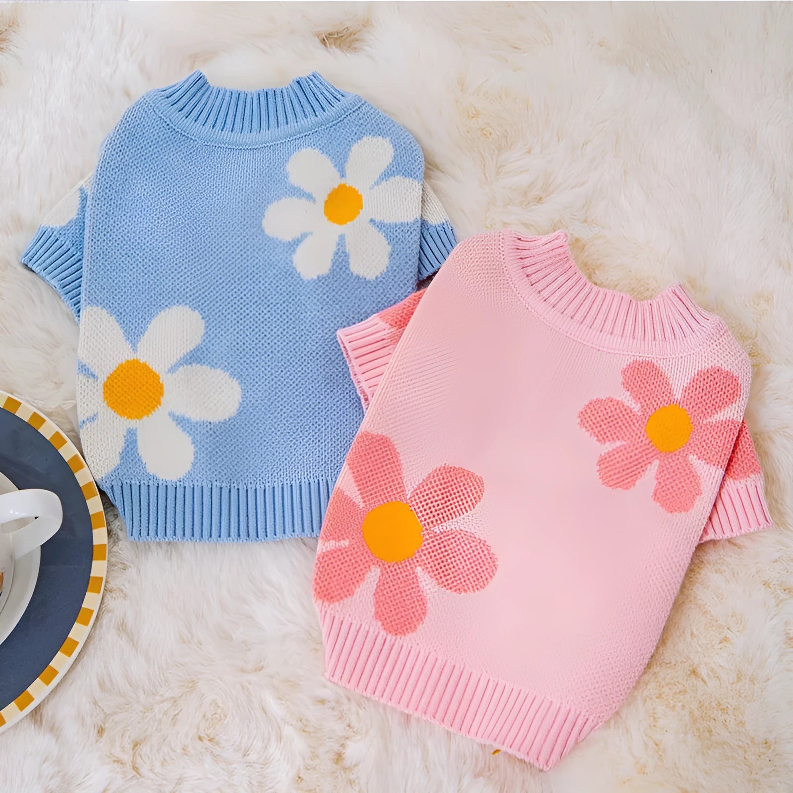 Blue hooded polyester sweater on a small dog, showing autumn winter pet coat design.