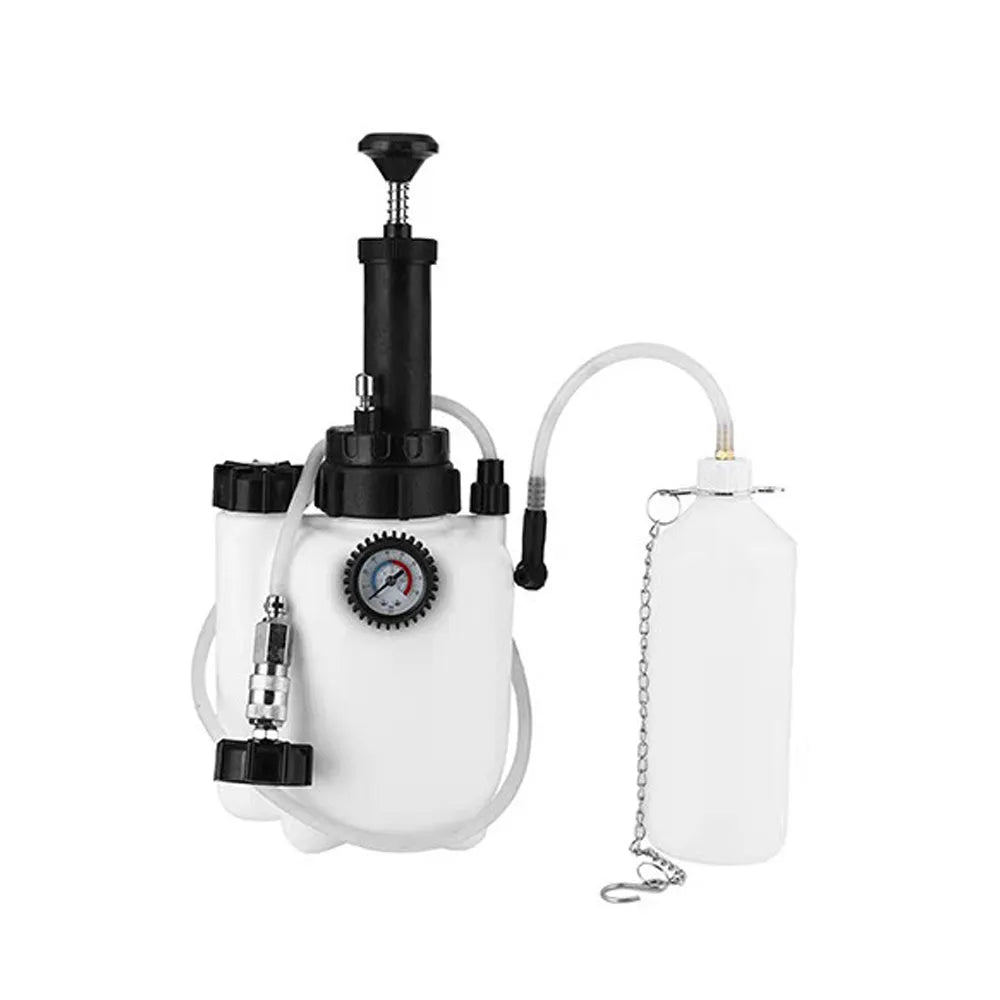 3-litre white plastic brake fluid reservoir tank with copper pump and iron fittings for car maintenance.