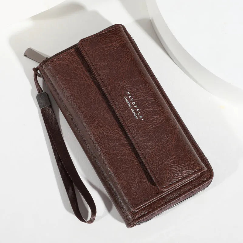Men's black PU leather bi-fold wallet open to show multiple card slots, alongside brown and coffee colour variants.