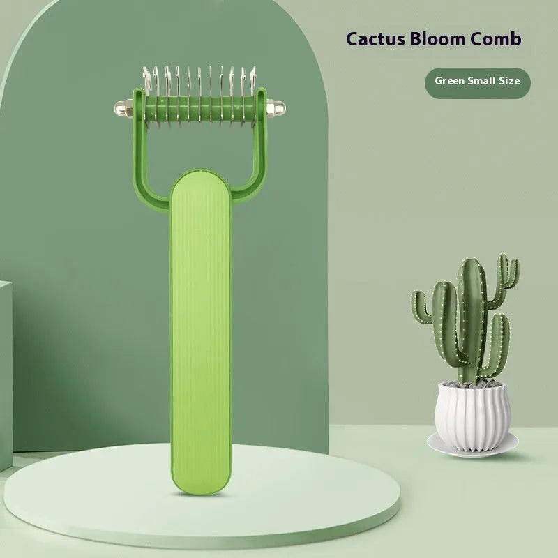 Green and grey pet detangling combs for dogs with stainless steel rotating teeth on a PP plastic handle.