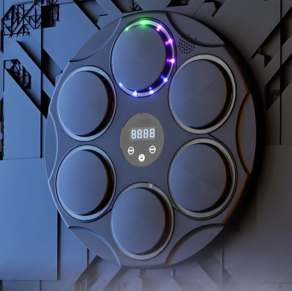 Smart Bluetooth boxing target with LED coloured lights mounted on wall for fitness training