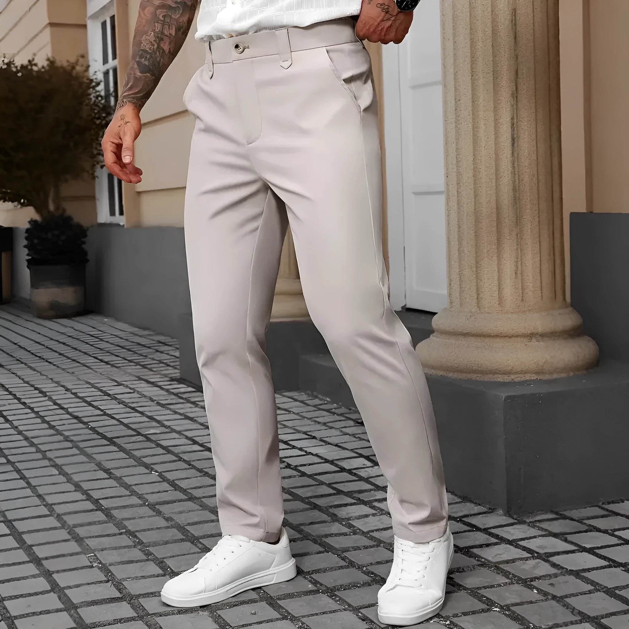 Men's straight leg polyester trousers in four colours: black, apricot, white and grey