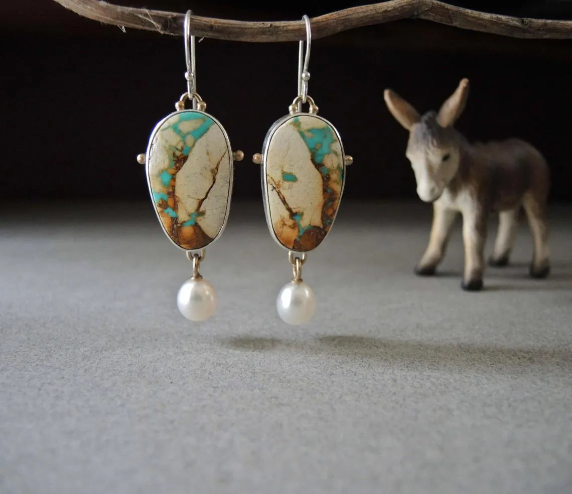 Vintage coloured turquoise and pearl drop pendant earrings on electroplated alloy, 45mm length, colourful pearl finish