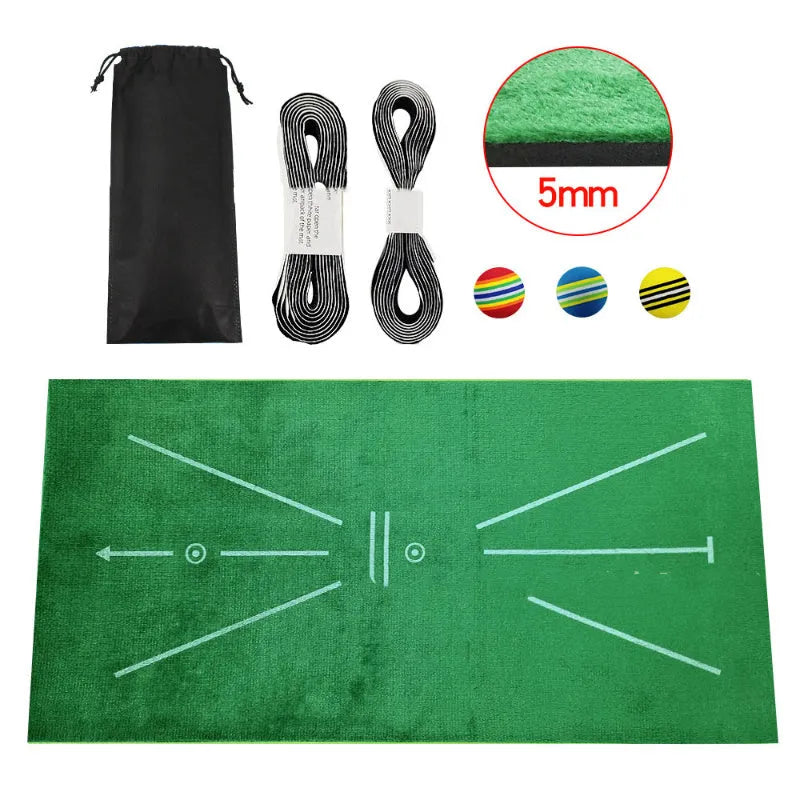 Indoor golf practice cutting pad with crystal swan suede surface and three rainbow balls on SBR base