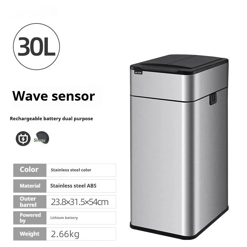 Stainless steel inductive smart trash can with square design and 26+ litre capacity