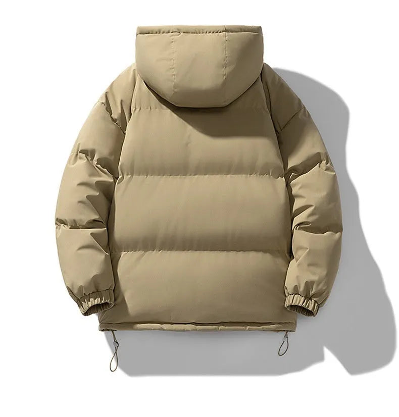 Men's hooded zip-up winter jacket in black with thickened polyester padding and side seam pockets