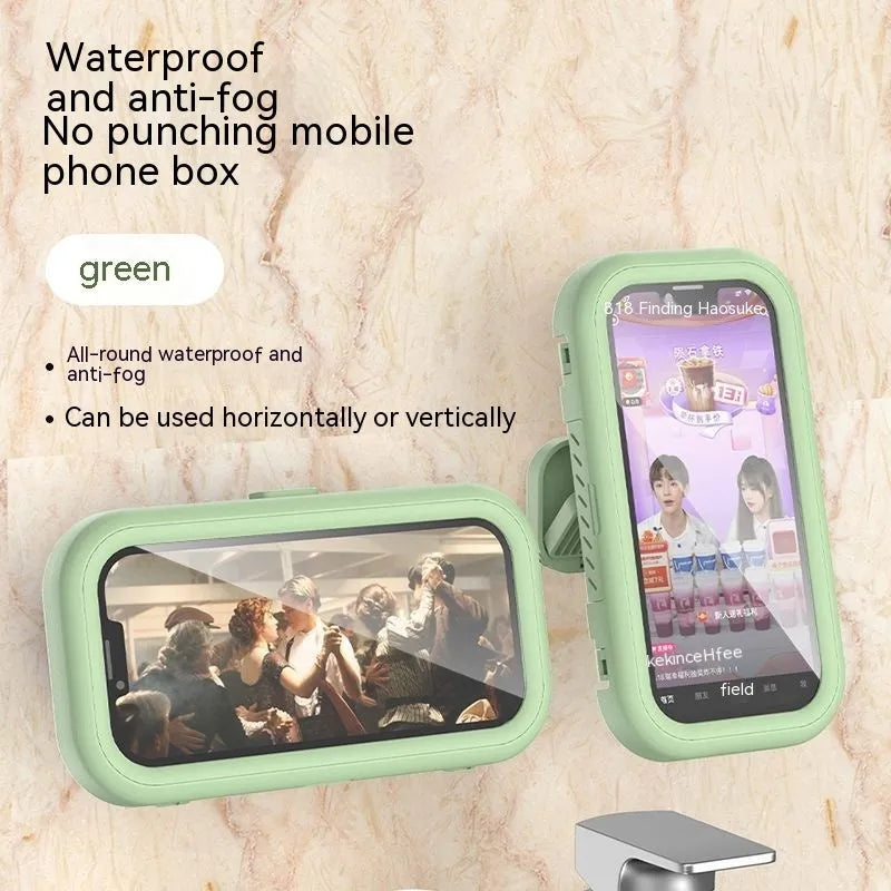 White plastic rotatable waterproof phone box mounted on bathroom wall with a phone inside, punch-free design, four colour options