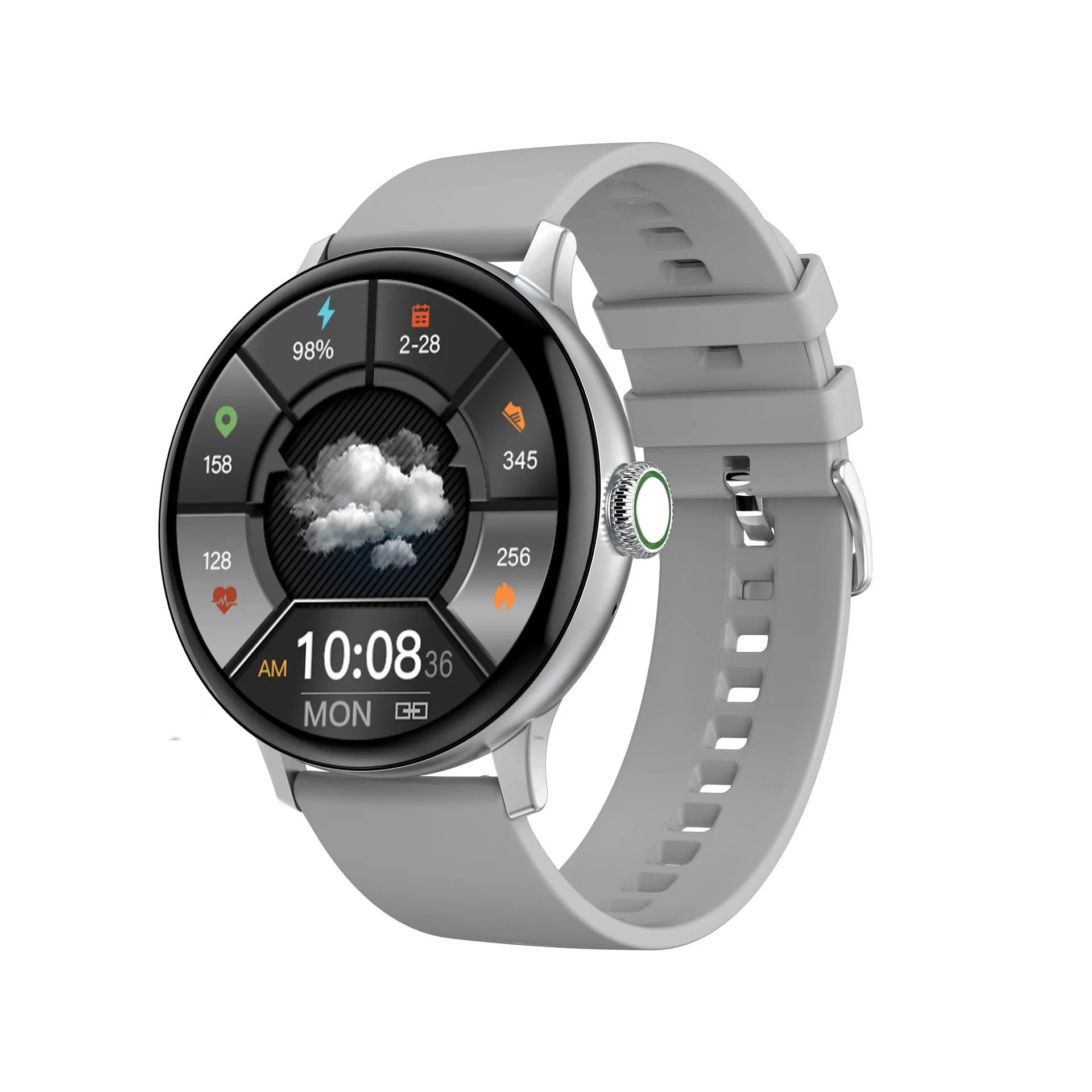 Bluetooth smart bracelet with circular touch screen on a black stainless steel bracelet, showing call and heart rate interface