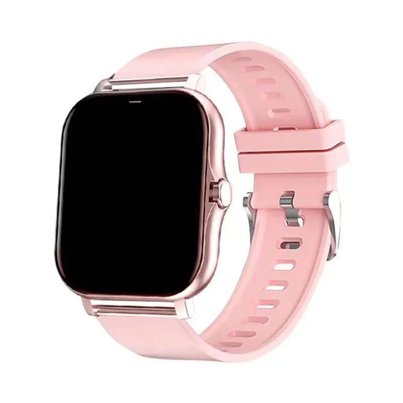 Smart watch with 1.44-inch touch screen showing heart rate and step count display on silicone wrist strap